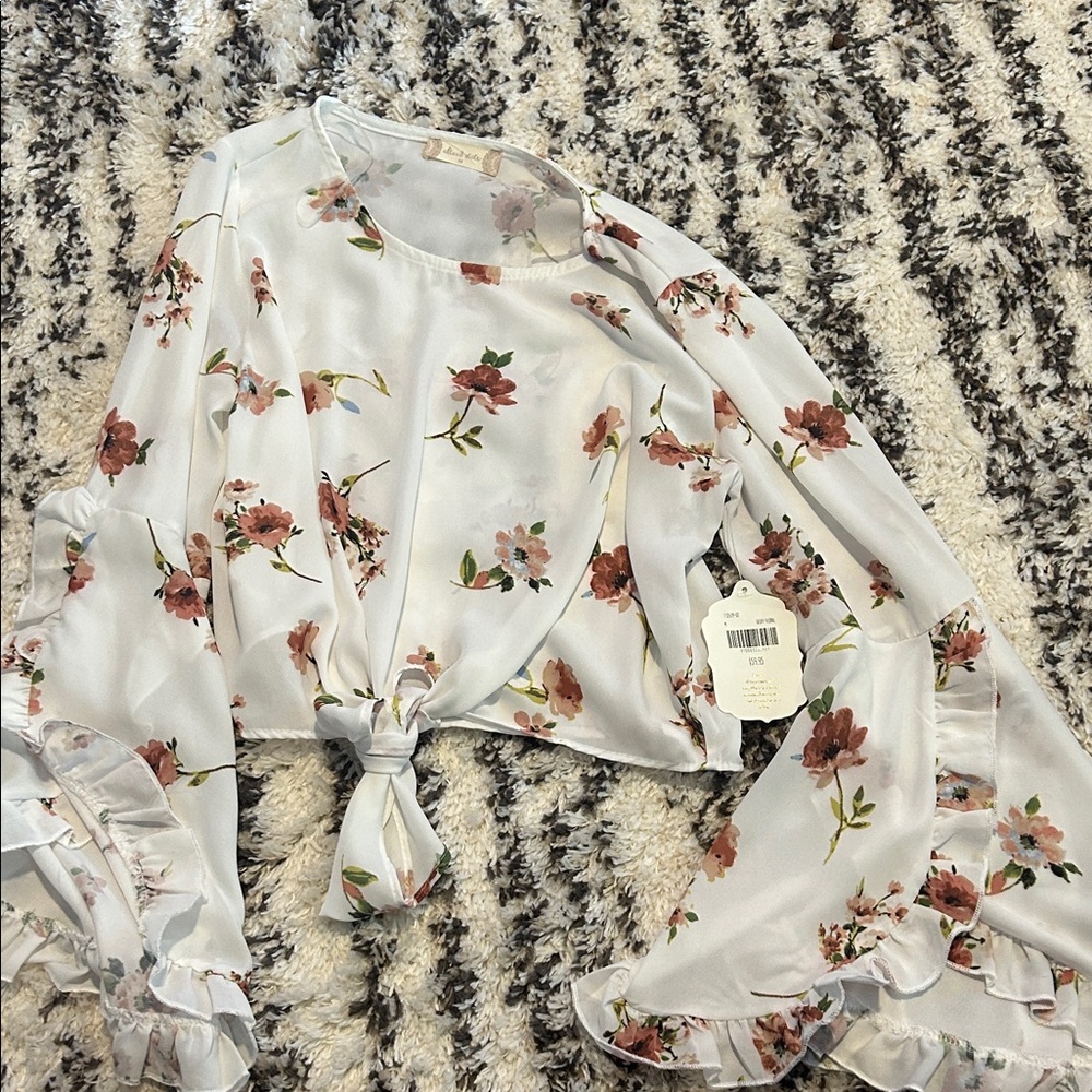 Altar'd State Floral Blouse with Tie-Front in White and Pink
